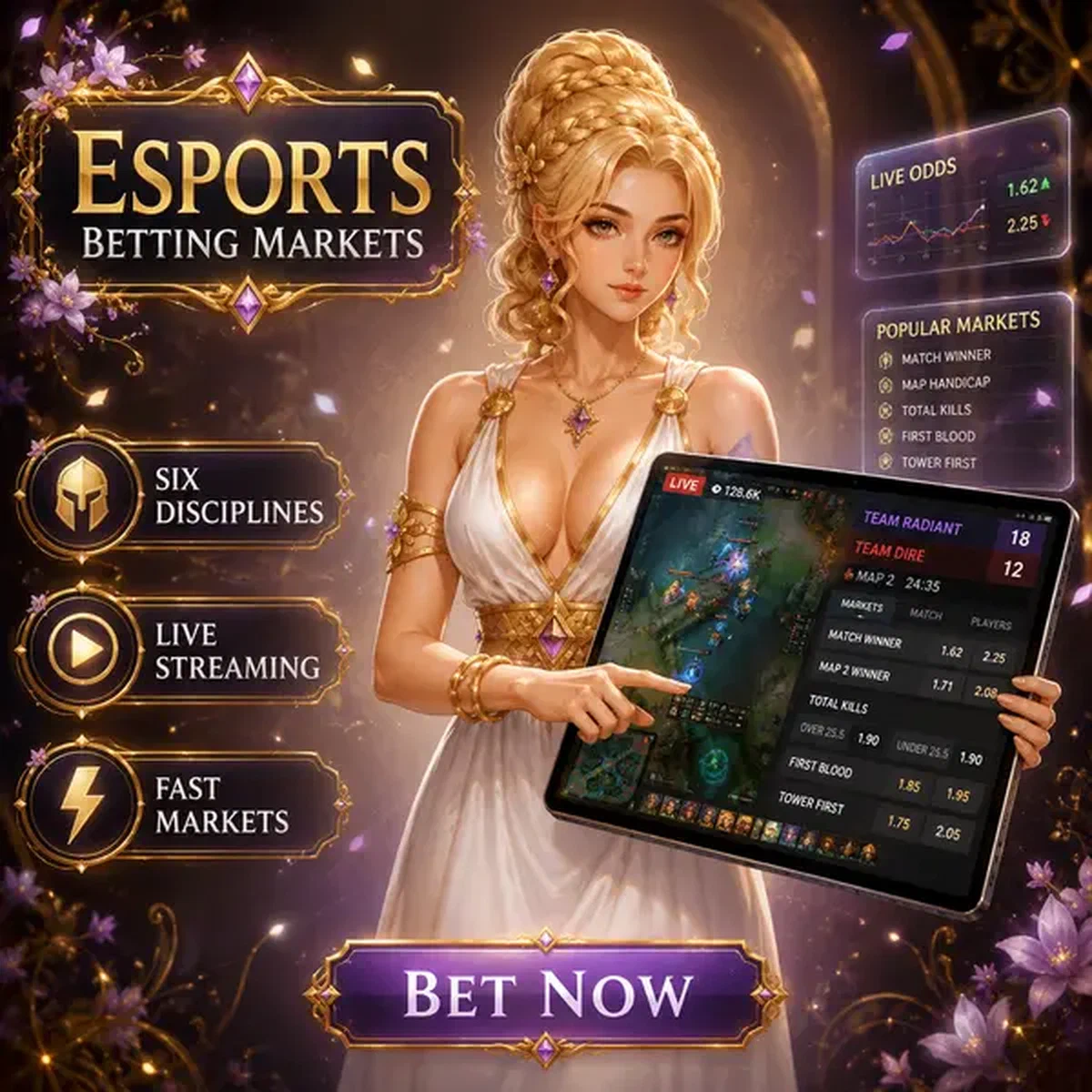 Lady of the Fortune Gardens ασχολείται με esports σε οθόνη tablet BetOnRed