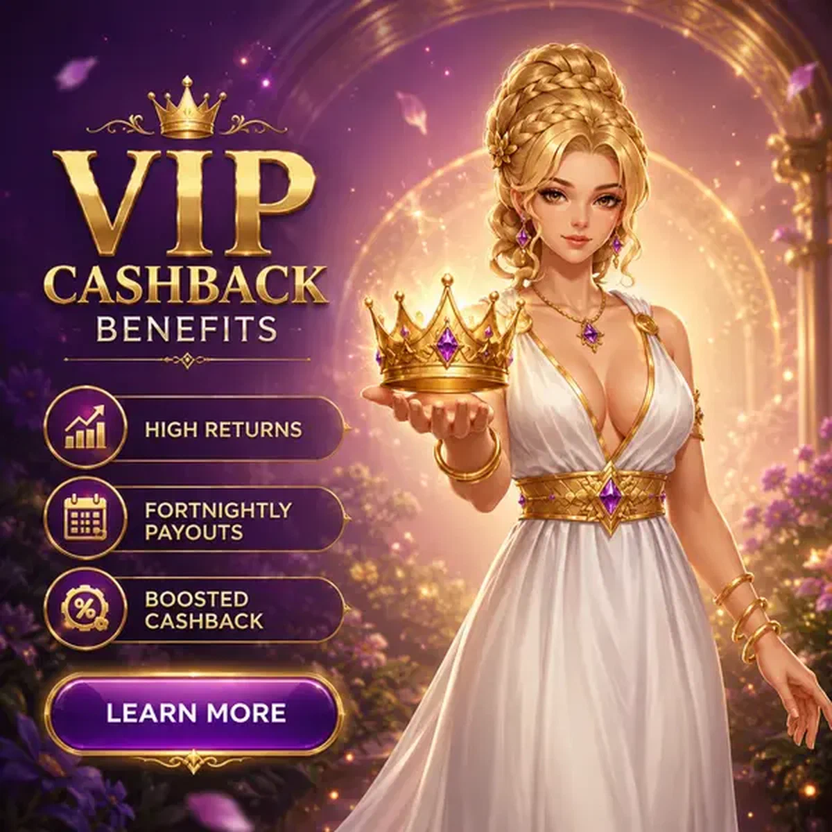 Η Lady of the Fortune Gardens παρουσιάζει στέμμα VIP Cashback Stack με κομψή προβολή ανταμοιβών μπόνους
